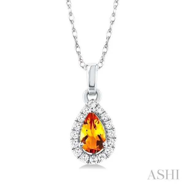 5x3 MM Pear Shape Citrine and 1/20 Ctw Single Cut Diamond Halo Semi-Precious Pendant with Chain in 10K White Gold Hart's Jewelers Grants Pass, OR
