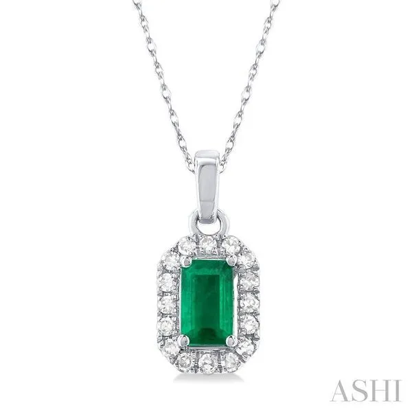 5x3 MM Octagonal Shape Emerald and 1/20 Ctw Single Cut Diamond Halo Precious Pendant with Chain in 10K White Gold Hart's Jewelers Grants Pass, OR