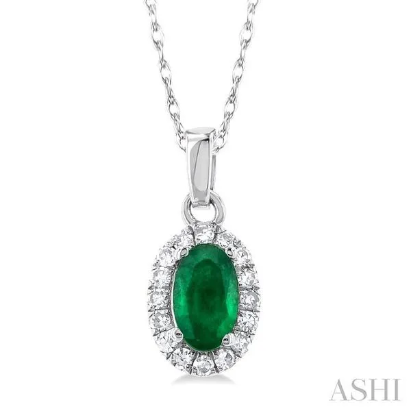 5x3 MM Oval Shape Emerald and 1/20 Ctw Single Cut Diamond Halo Precious Pendant with Chain in 10K White Gold Hart's Jewelers Grants Pass, OR