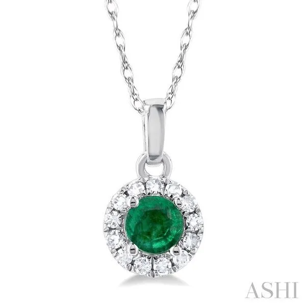 3.25 MM Round Emerald and 1/20 Ctw Single Cut Diamond Halo Precious Pendant with Chain in 10K White Gold Hart's Jewelers Grants Pass, OR