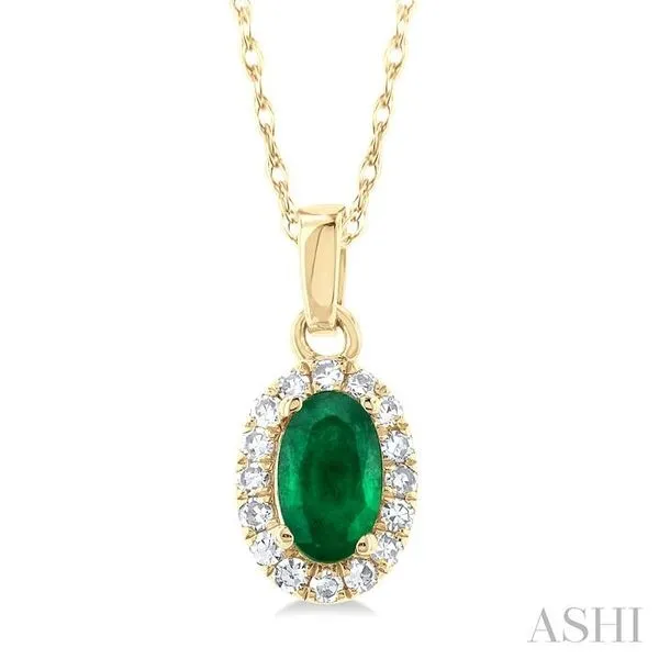 5x3 MM Oval Shape Emerald and 1/20 Ctw Single Cut Diamond Halo Precious Pendant with Chain in 10K Yellow Gold Hart's Jewelers Grants Pass, OR