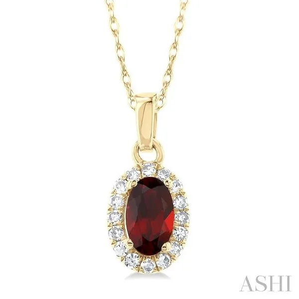 5x3 MM Oval Shape Garnet and 1/20 Ctw Single Cut Diamond Halo Semi-Precious Pendant with Chain in 10K Yellow Gold Hart's Jewelers Grants Pass, OR
