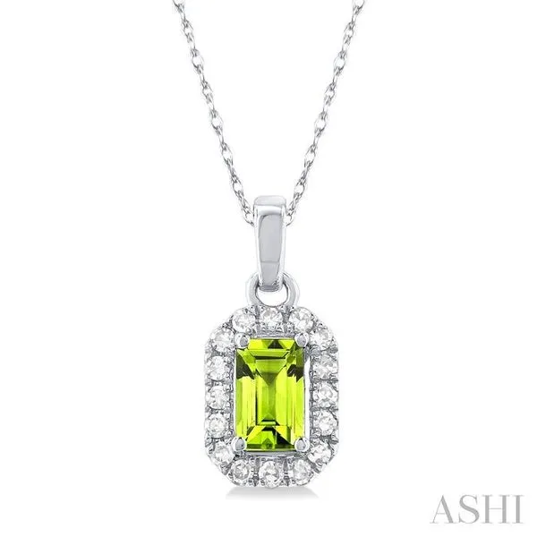 5x3 MM Octagonal Shape Peridot and 1/20 Ctw Single Cut Diamond Halo Semi-Precious Pendant with Chain in 10K White Gold Hart's Jewelers Grants Pass, OR