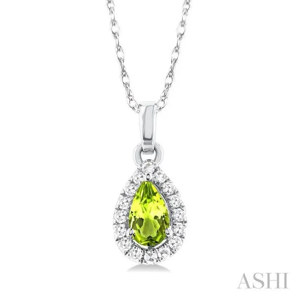 5x3 MM Pear Shape Peridot and 1/20 Ctw Single Cut Diamond Halo Semi-Precious Pendant with Chain in 10K White Gold Hart's Jewelers Grants Pass, OR