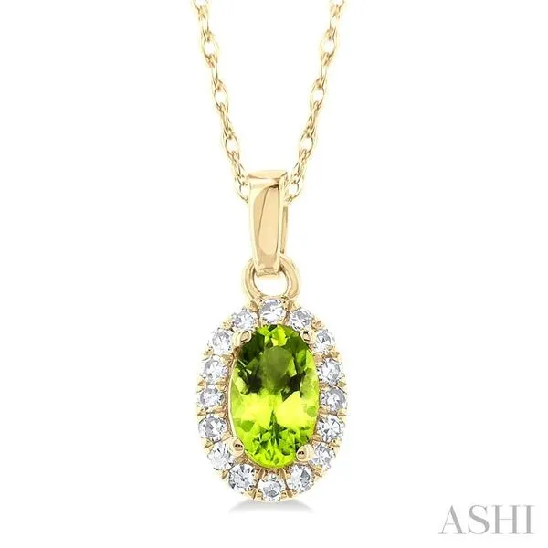 5x3 MM Oval Shape Peridot and 1/20 Ctw Single Cut Diamond Halo Semi-Precious Pendant with Chain in 10K Yellow Gold Hart's Jewelers Grants Pass, OR