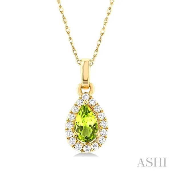 5x3 MM Pear Shape Peridot and 1/20 Ctw Single Cut Diamond Halo Semi-Precious Pendant with Chain in 10K Yellow Gold Hart's Jewelers Grants Pass, OR
