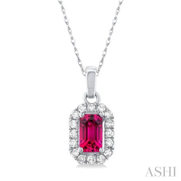 5x3 MM Octagonal Shape Pink Tourmaline and 1/20 Ctw Single Cut Diamond Halo Semi-Precious Pendant with Chain in 10K White Gold Hart's Jewelers Grants Pass, OR