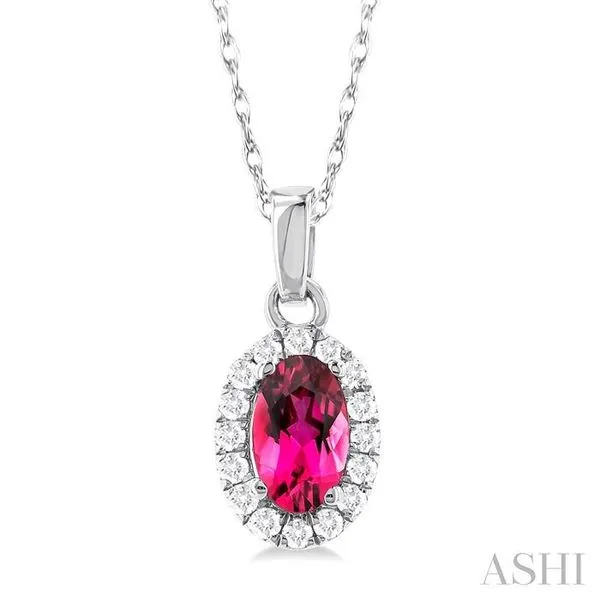 5x3 MM Oval Shape Pink Tourmaline and 1/20 Ctw Single Cut Diamond Halo Semi-Precious Pendant with Chain in 10K White Gold Hart's Jewelers Grants Pass, OR