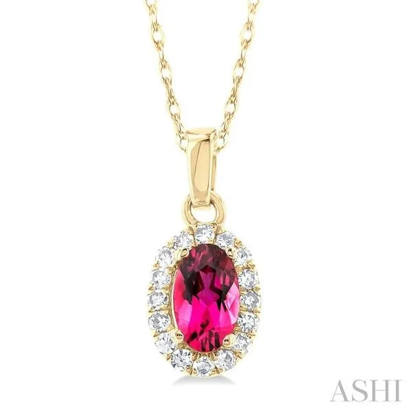 5x3 MM Oval Shape Pink Tourmaline and 1/20 Ctw Single Cut Diamond Halo Semi-Precious Pendant with Chain in 10K Yellow Gold Hart's Jewelers Grants Pass, OR
