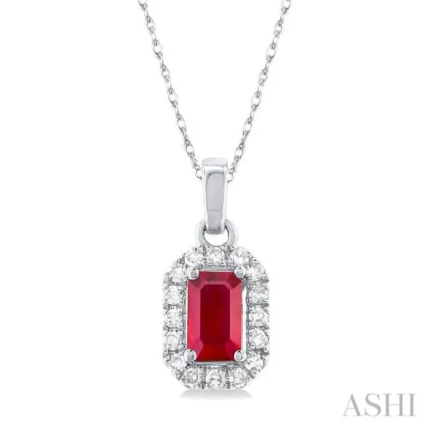 5x3 MM Octagonal Shape Ruby and 1/20 Ctw Single Cut Diamond Halo Precious Pendant with Chain in 10K White Gold Hart's Jewelers Grants Pass, OR