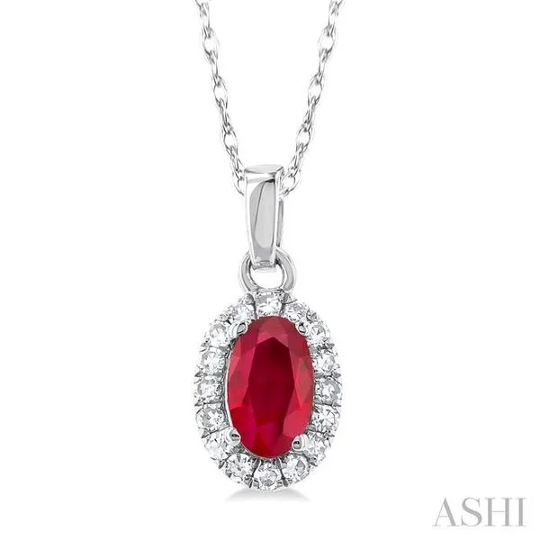 5x3 MM Oval Shape Ruby and 1/20 Ctw Single Cut Diamond Halo Precious Pendant with Chain in 10K White Gold Hart's Jewelers Grants Pass, OR