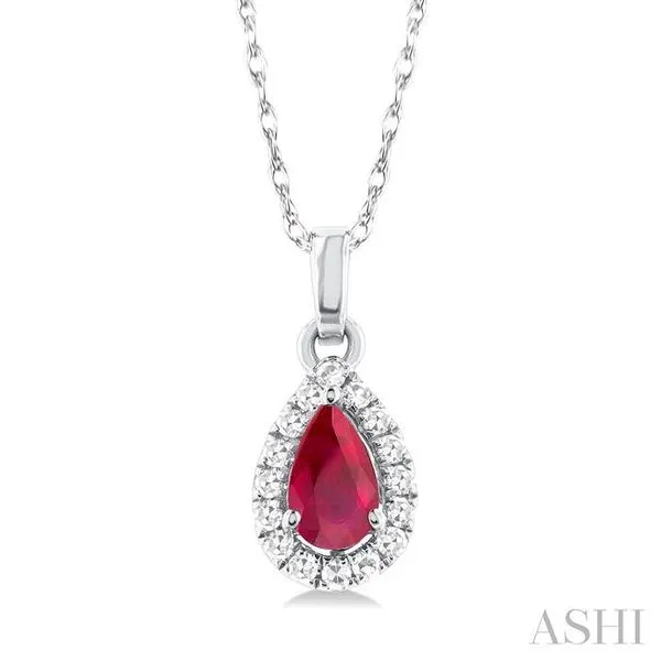 5x3 MM Pear Shape Ruby and 1/20 Ctw Single Cut Diamond Halo Precious Pendant with Chain in 10K White Gold Hart's Jewelers Grants Pass, OR