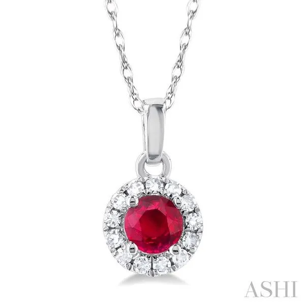 3.25 MM Round Ruby and 1/20 Ctw Single Cut Diamond Halo Precious Pendant with Chain in 10K White Gold Hart's Jewelers Grants Pass, OR