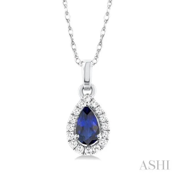 5x3 MM Pear Shape Sapphire and 1/20 Ctw Single Cut Diamond Halo Precious Pendant with Chain in 10K White Gold Hart's Jewelers Grants Pass, OR