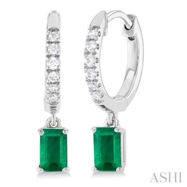 5x3 MM Emerald Cut Emerald and 1/8 Ctw Round Cut Diamond Precious Petite Fashion Huggies in 10K White Gold Hart's Jewelers Grants Pass, OR
