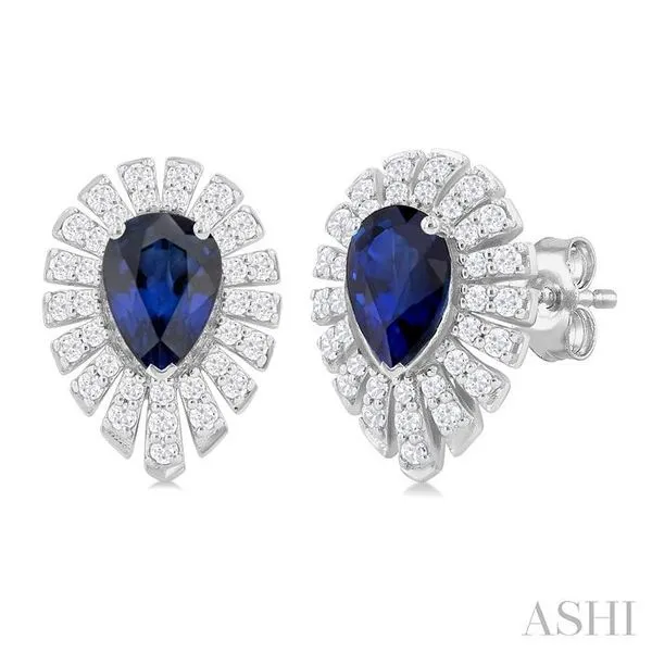 5X3 MM Pear Cut Sapphire and 1/3 Ctw Starburst Round Cut Diamond Precious Stud Earring in 14K White Gold Hart's Jewelers Grants Pass, OR