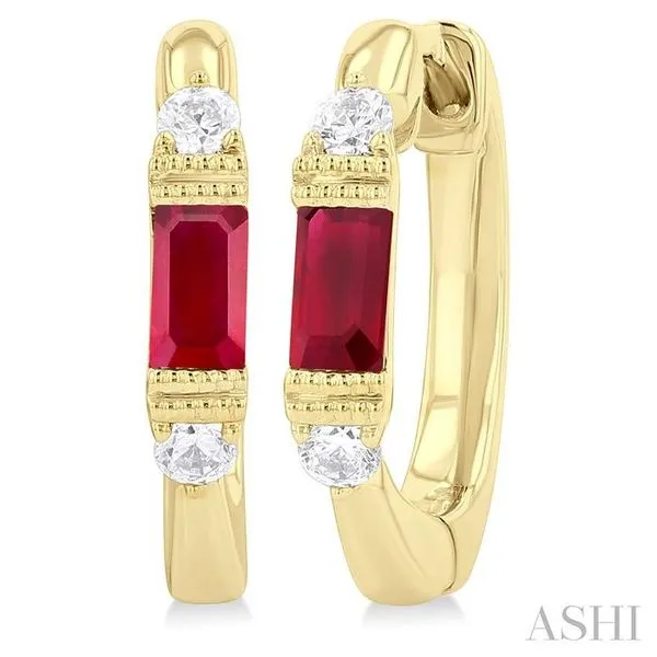 4X2 MM Baguette Cut Ruby and 1/10 Ctw Round Cut Diamond Precious Hoop Earring in 10K Yellow Gold Hart's Jewelers Grants Pass, OR
