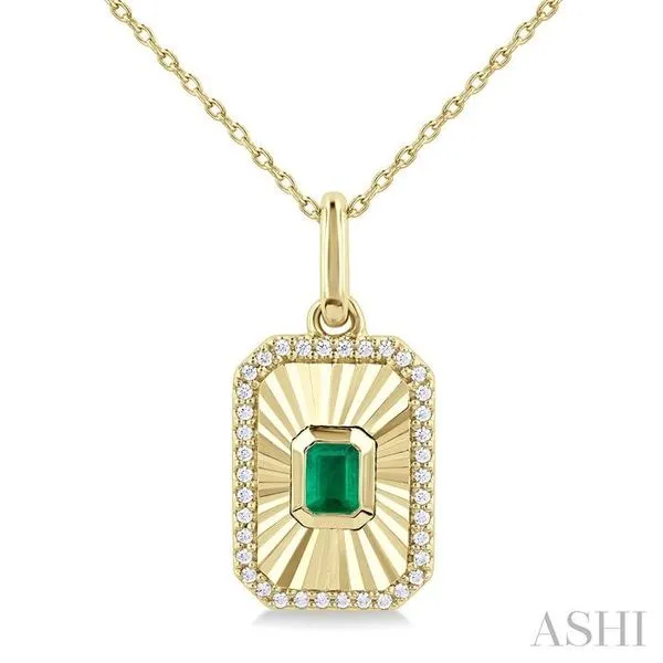 4X3 MM Octagon Shape Emerald and 1/8 Ctw Round Cut Diamond Precious Fluted Medallion Pendant in 10K Yellow Gold with Chain Hart's Jewelers Grants Pass, OR