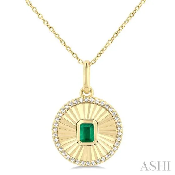 4X3 MM Octagon Shape Emerald and 1/8 Ctw Single Cut Diamond Precious Fluted Medallion Pendant in 10K Yellow Gold with Chain Hart's Jewelers Grants Pass, OR