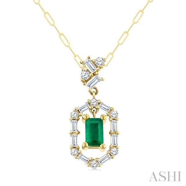 5x3 MM Emerald Cut and 1/3 Ctw Baguette & Round Cut Diamond Precious Fashion Pendant With Chain in 14K Yellow Gold Hart's Jewelers Grants Pass, OR