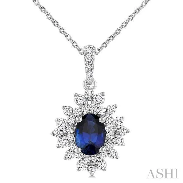 7x5 MM Oval Cut Sapphire and 1/2 Ctw Round Cut Diamond Halo Precious Pendant With Chain in 14K White Gold Hart's Jewelers Grants Pass, OR