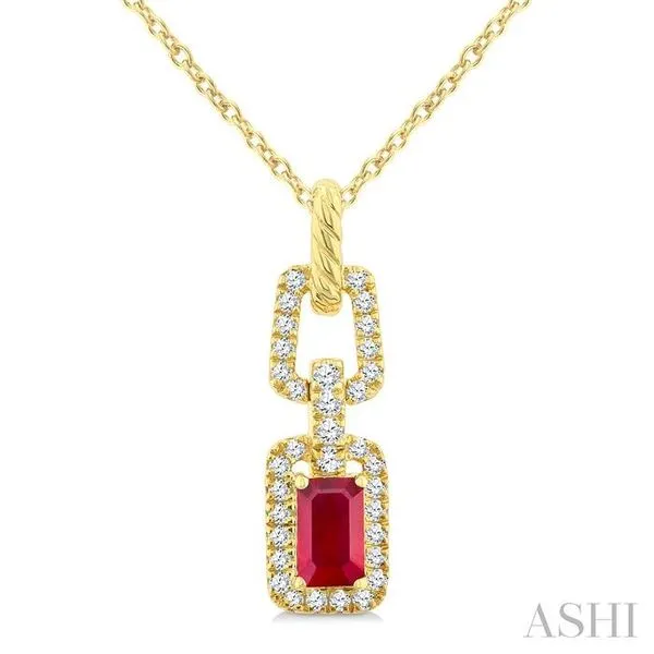 5X3 MM Octagon Shape Ruby and 1/6 Ctw Round Cut Diamond Link Precious Pendant With Chain in 14K Yellow Gold Hart's Jewelers Grants Pass, OR