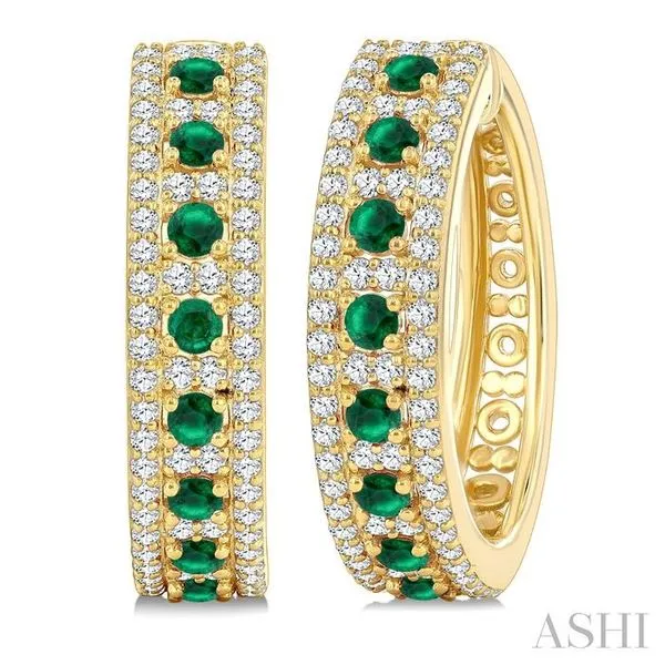 2 MM Round Shape Emerald and 3/4 Ctw Round Cut Diamond Precious Hoop Earrings in 14K Yellow Gold Hart's Jewelers Grants Pass, OR