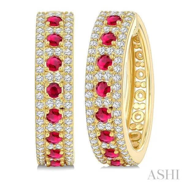 2 MM Round Shape Ruby and 3/4 Ctw Round Cut Diamond Precious Hoop Earrings in 14K Yellow Gold Hart's Jewelers Grants Pass, OR