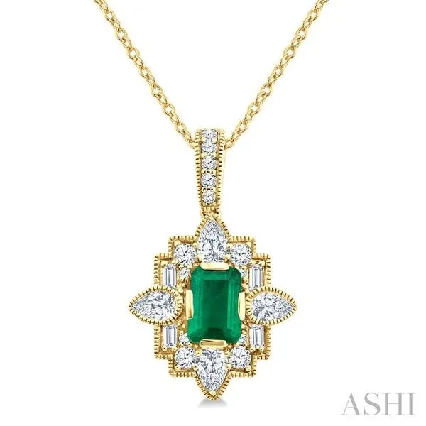 6X4 MM Octagon Shape Emerald and 5/8 Ctw Art Deco Mixed Cut Diamond Precious Fashion Pendant With Chain in 14K Yellow Gold Hart's Jewelers Grants Pass, OR