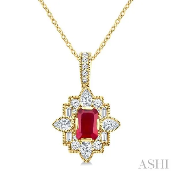 6X4 MM Octagon Shape Ruby and 5/8 Ctw Art Deco Mixed Cut Diamond Precious Fashion Pendant With Chain in 14K Yellow Gold Hart's Jewelers Grants Pass, OR