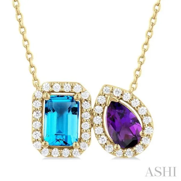 6X4 MM Emerald Cut Blue Topaz and Pear Cut Amethyst and 1/5 Ctw Toi Et Moi Round Cut Diamond Halo Fashion Pendant With Chain in 14K Yellow Gold Hart's Jewelers Grants Pass, OR