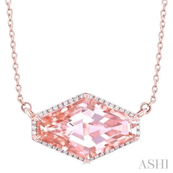 16x10 MM Hexagon Shape Morganite and 1/10 Ctw Round Cut Diamond Halo Semi-Precious Pendant With Chain in 14K Rose Gold Hart's Jewelers Grants Pass, OR