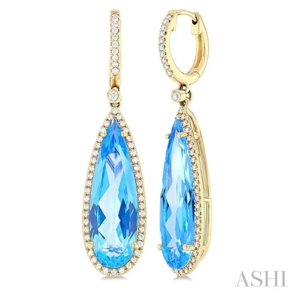 23x7 MM Pear Shape Blue Topaz and 3/8 Ctw Round Cut Diamond Halo Semi-Precious Earrings in 14K Yellow Gold Hart's Jewelers Grants Pass, OR