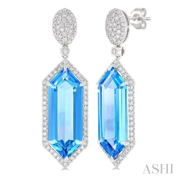 22x8 MM Hexagon Shape Blue Topaz and 7/8 Ctw Round Cut Diamond Halo Semi-Precious Earrings in 14K White Gold Hart's Jewelers Grants Pass, OR