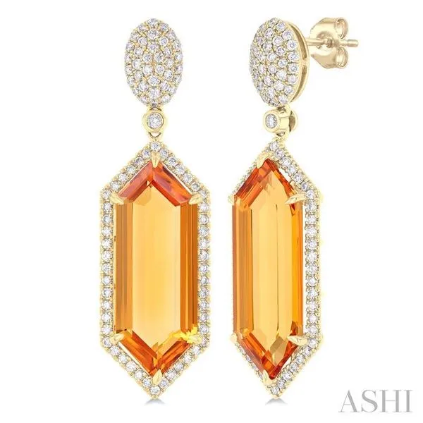 22x8 MM Hexagon Shape Citrine and 7/8 Ctw Round Cut Diamond Halo Semi-Precious Earrings in 14K Yellow Gold Hart's Jewelers Grants Pass, OR