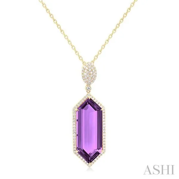 26x10 MM Hexagon Shape Amethyst and 1/2 Ctw Round Cut Diamond Halo Semi-Precious Pendant With Chain in 14K Yellow Gold Hart's Jewelers Grants Pass, OR