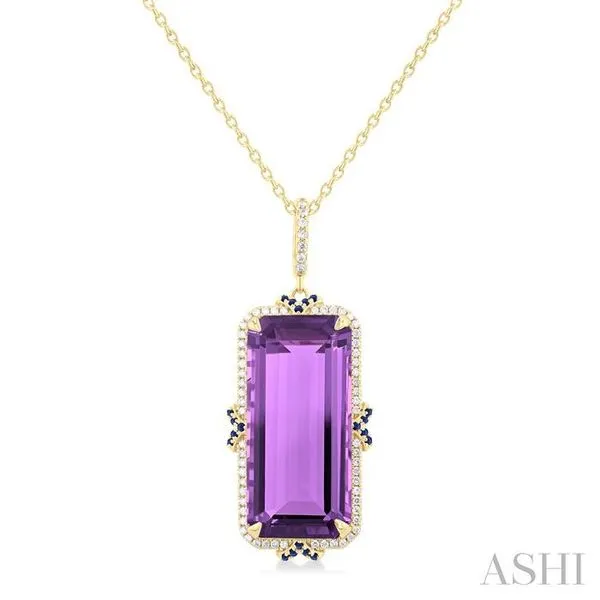 22x10 MM Emerald Cut Amethyst and .80 MM Sapphire & 1/5 Ctw Round Cut Diamond Halo Precious & Semi-Precious Pendant With Chain in 14K Yellow Gold Hart's Jewelers Grants Pass, OR
