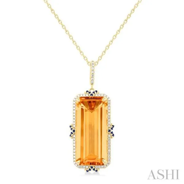 22x10 MM Emerald Cut Citrine and .80 MM Sapphire & 1/5 Ctw Round Cut Diamond Halo Precious & Semi-Precious Pendant With Chain in 14K Yellow Gold Hart's Jewelers Grants Pass, OR