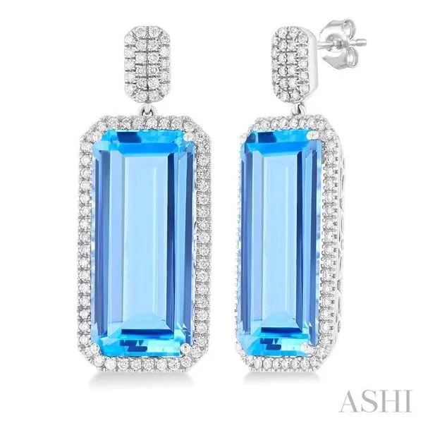 22x10 MM Emerald Cut Blue Topaz and 7/8 Ctw Round Cut Diamond Halo Semi-Precious Earrings in 14K White Gold Hart's Jewelers Grants Pass, OR