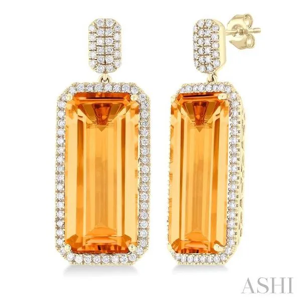22x10 MM Emerald Cut Citrine and 7/8 Ctw Round Cut Diamond Halo Semi-Precious Earrings in 14K Yellow Gold Hart's Jewelers Grants Pass, OR