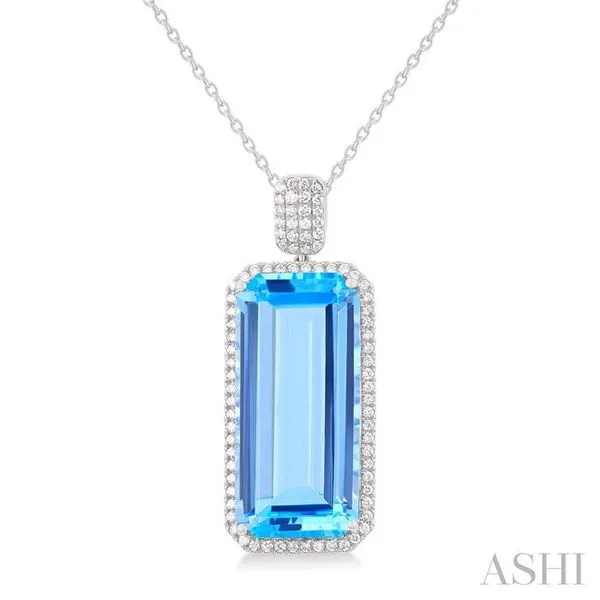 26X12 MM Emerald Cut Blue Topaz and 1/2 Ctw Round Cut Diamond Halo Semi-Precious Pendant With Chain in 14K White Gold Hart's Jewelers Grants Pass, OR