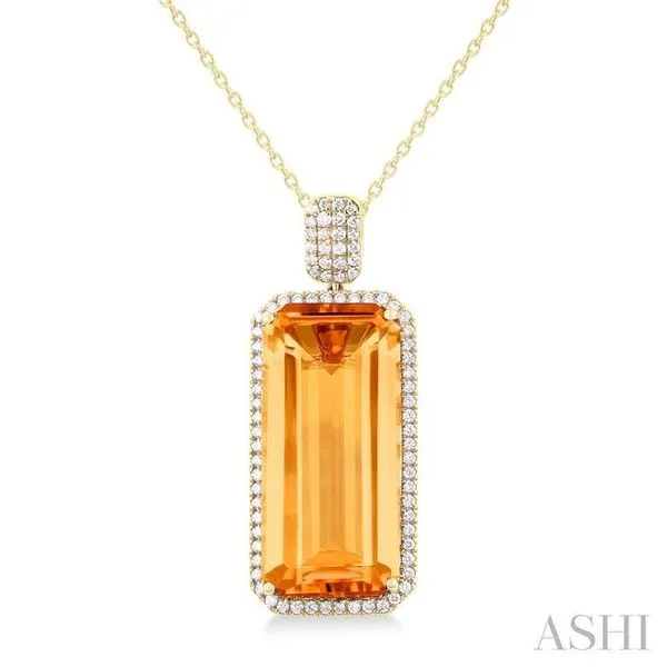 26X12 MM Emerald Cut Citrine and 1/2 Ctw Round Cut Diamond Halo Semi-Precious Pendant With Chain in 14K Yellow Gold Hart's Jewelers Grants Pass, OR