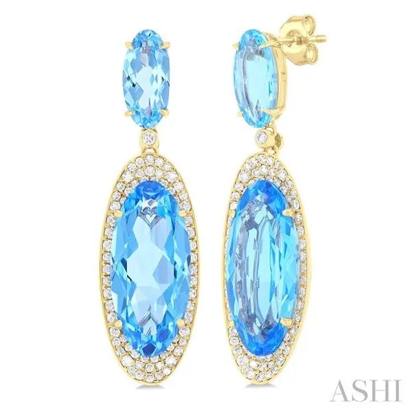 18x8 MM & 10x5 MM Oval Cut Blue Topaz and 3/4 Ctw Round Cut Diamond Halo Semi-Precious Earrings in 14K Yellow Gold Hart's Jewelers Grants Pass, OR