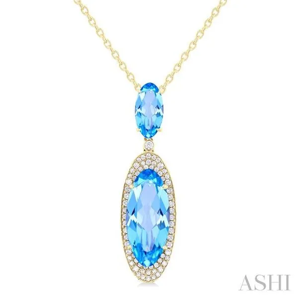 18x8 MM & 10x5 MM Oval Cut Blue Topaz and 1/3 Ctw Round Cut Diamond Halo Semi-Precious Pendant With Chain in 14K Yellow Gold Hart's Jewelers Grants Pass, OR