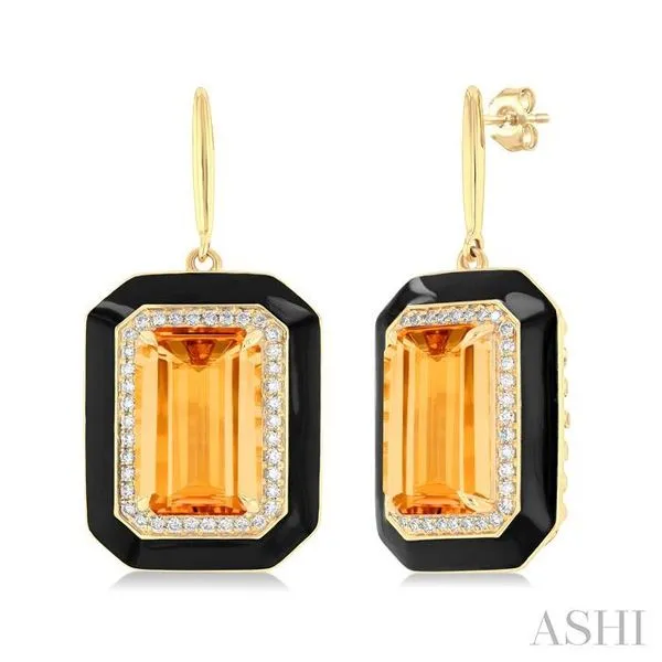 12x8 MM Emerald Cut Citrine and 1/3 Ctw Round Cut Diamond Halo & Black Enamel Border Semi-Precious Earrings in 14K Yellow Gold Hart's Jewelers Grants Pass, OR
