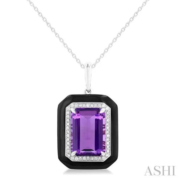 14x10 MM Emerald Cut Amethyst and 1/5 Ctw Round Cut Diamond Halo & Black Enamel Border Semi-Precious Pendant With Chain in 14K White Gold Hart's Jewelers Grants Pass, OR