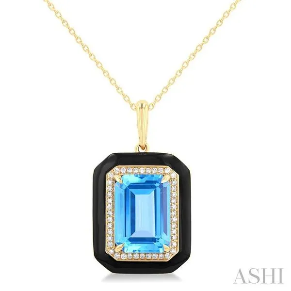14x10 MM Emerald Cut Blue Topaz and 1/5 Ctw Round Cut Diamond Halo & Black Enamel Border Semi-Precious Pendant With Chain in 14K Yellow Gold Hart's Jewelers Grants Pass, OR