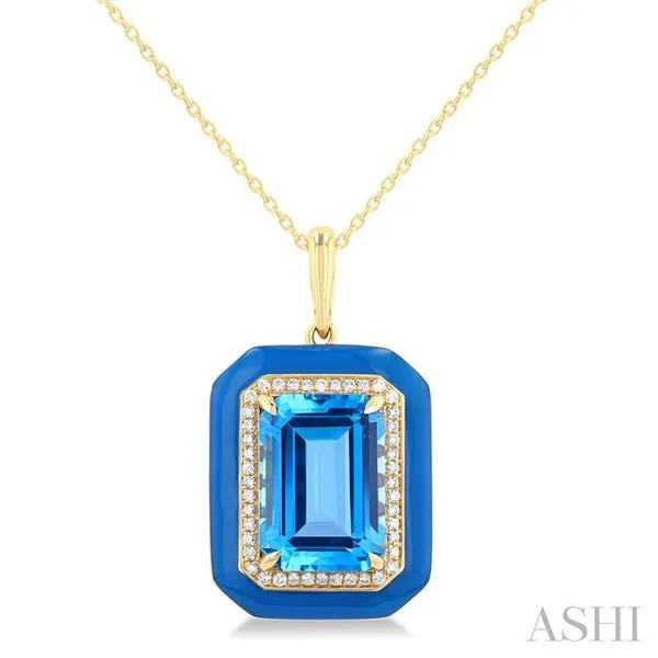 14x10 MM Emerald Cut Blue Topaz and 1/5 Ctw Round Cut Diamond Halo & Blue Enamel Border Semi-Precious Pendant With Chain in 14K Yellow Gold Hart's Jewelers Grants Pass, OR