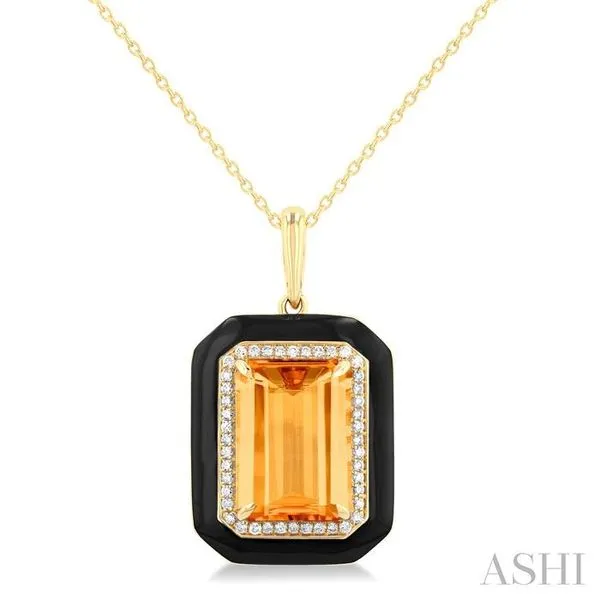 14x10 MM Emerald Cut Citrine and 1/5 Ctw Round Cut Diamond Halo & Black Enamel Border Semi-Precious Pendant With Chain in 14K Yellow Gold Hart's Jewelers Grants Pass, OR