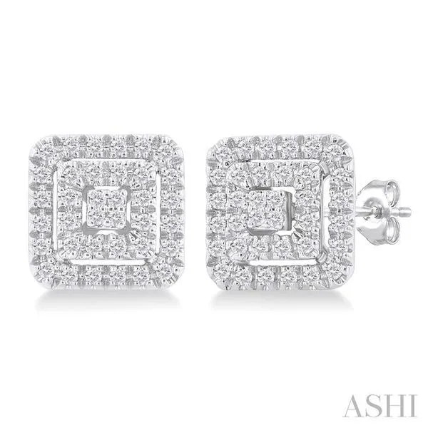 1/5 Ctw Double Halo Square Shape Petite Round Cut Diamond Fashion Stud Earring in 10K White Gold Hart's Jewelers Grants Pass, OR
